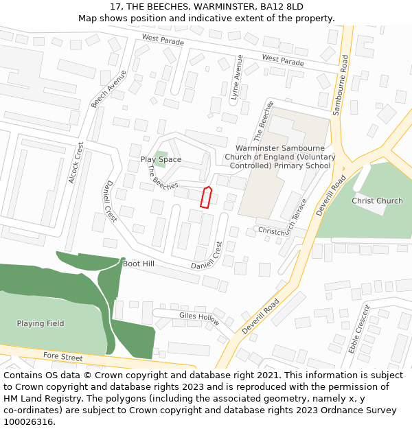 17, THE BEECHES, WARMINSTER, BA12 8LD: Location map and indicative extent of plot