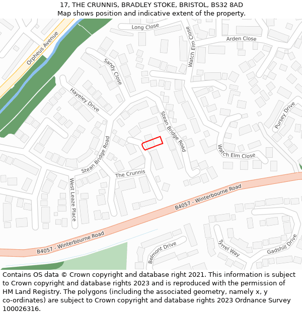 17, THE CRUNNIS, BRADLEY STOKE, BRISTOL, BS32 8AD: Location map and indicative extent of plot