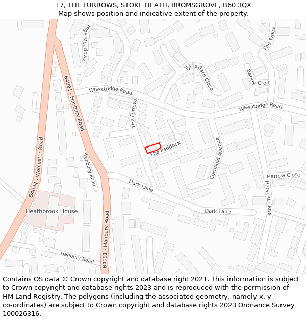 17, THE FURROWS, STOKE HEATH, BROMSGROVE, B60 3QX: Location map and indicative extent of plot