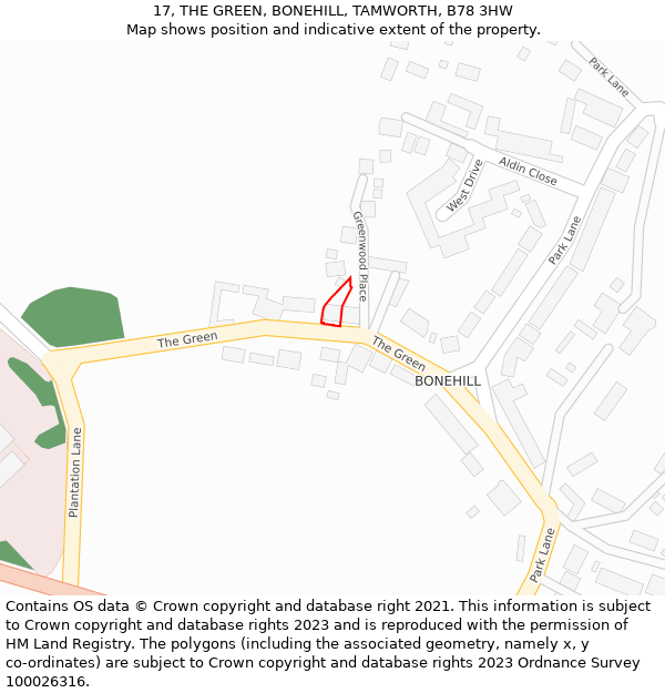 17, THE GREEN, BONEHILL, TAMWORTH, B78 3HW: Location map and indicative extent of plot