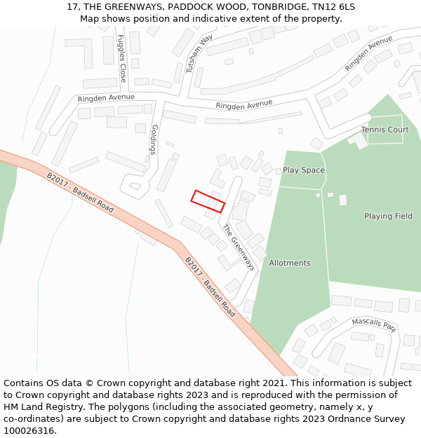 17, THE GREENWAYS, PADDOCK WOOD, TONBRIDGE, TN12 6LS: Location map and indicative extent of plot
