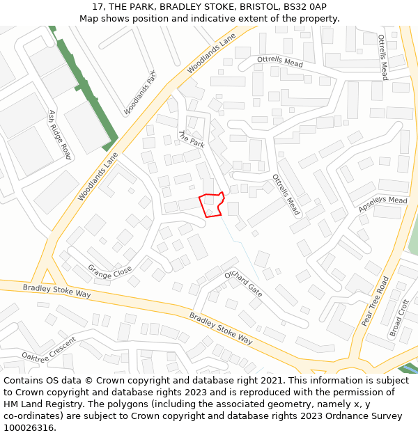 17, THE PARK, BRADLEY STOKE, BRISTOL, BS32 0AP: Location map and indicative extent of plot