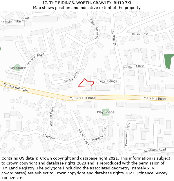 17, THE RIDINGS, WORTH, CRAWLEY, RH10 7XL: Location map and indicative extent of plot