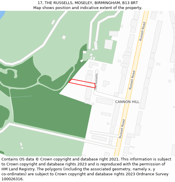 17, THE RUSSELLS, MOSELEY, BIRMINGHAM, B13 8RT: Location map and indicative extent of plot