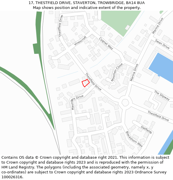 17, THESTFIELD DRIVE, STAVERTON, TROWBRIDGE, BA14 8UA: Location map and indicative extent of plot