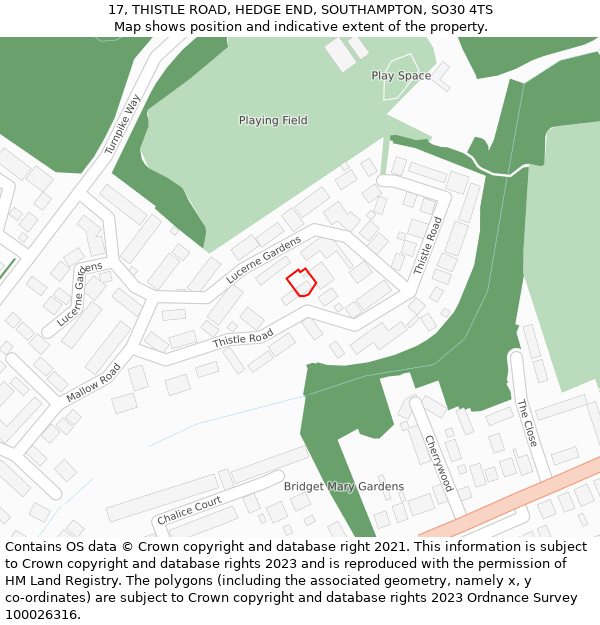 17, THISTLE ROAD, HEDGE END, SOUTHAMPTON, SO30 4TS: Location map and indicative extent of plot