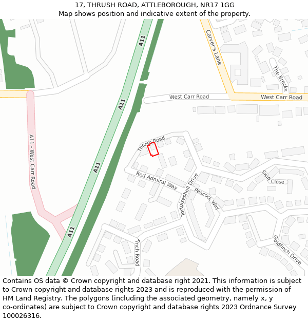17, THRUSH ROAD, ATTLEBOROUGH, NR17 1GG: Location map and indicative extent of plot