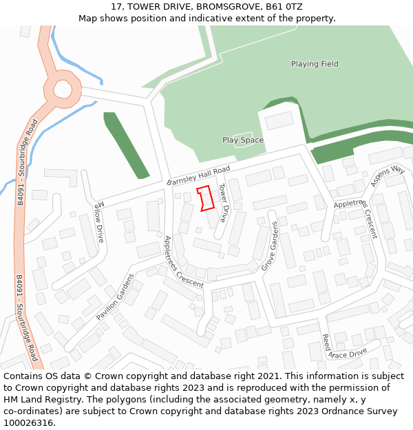 17, TOWER DRIVE, BROMSGROVE, B61 0TZ: Location map and indicative extent of plot