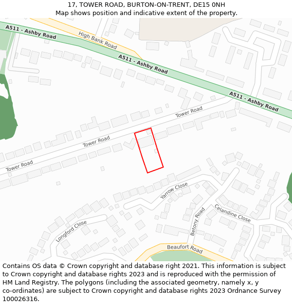 17, TOWER ROAD, BURTON-ON-TRENT, DE15 0NH: Location map and indicative extent of plot