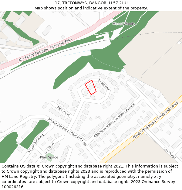 17, TREFONWYS, BANGOR, LL57 2HU: Location map and indicative extent of plot