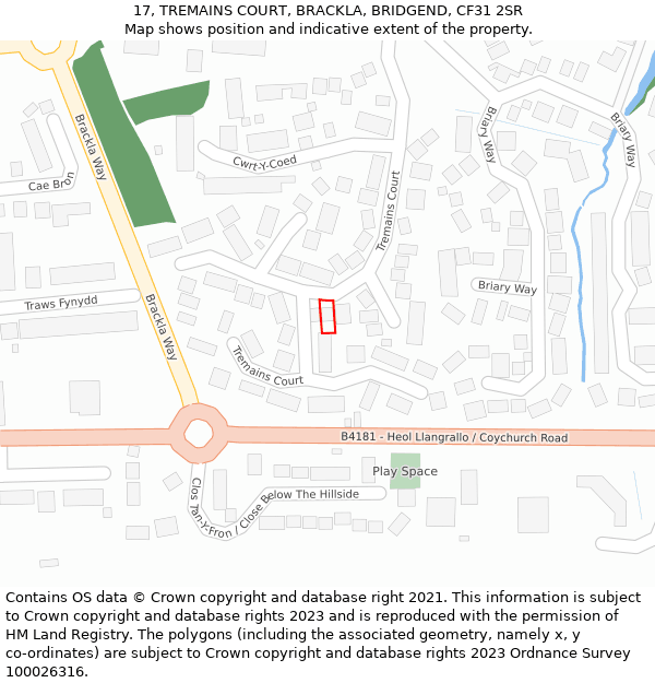 17, TREMAINS COURT, BRACKLA, BRIDGEND, CF31 2SR: Location map and indicative extent of plot