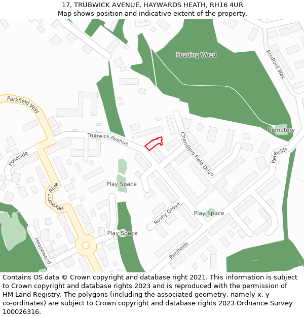 17, TRUBWICK AVENUE, HAYWARDS HEATH, RH16 4UR: Location map and indicative extent of plot