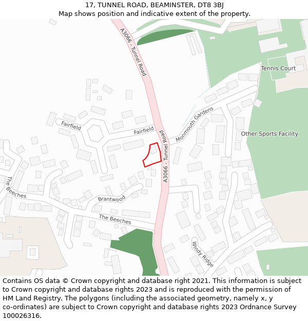 17, TUNNEL ROAD, BEAMINSTER, DT8 3BJ: Location map and indicative extent of plot
