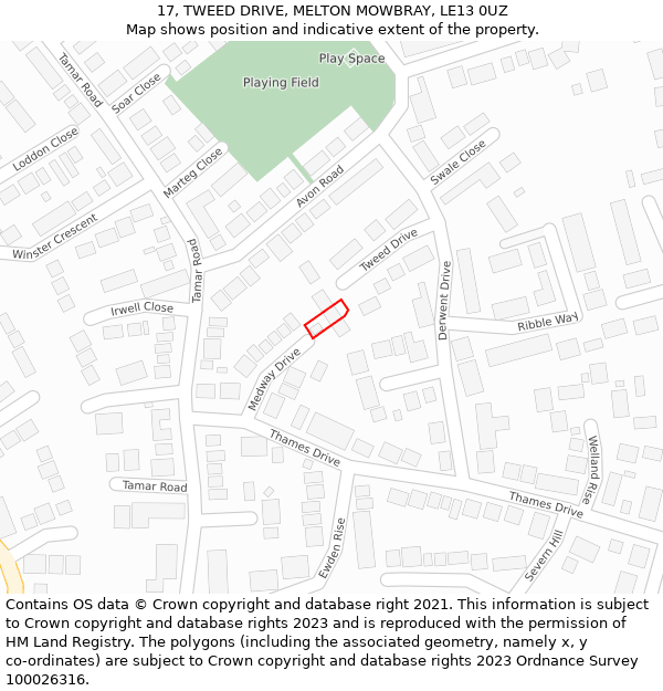 17, TWEED DRIVE, MELTON MOWBRAY, LE13 0UZ: Location map and indicative extent of plot