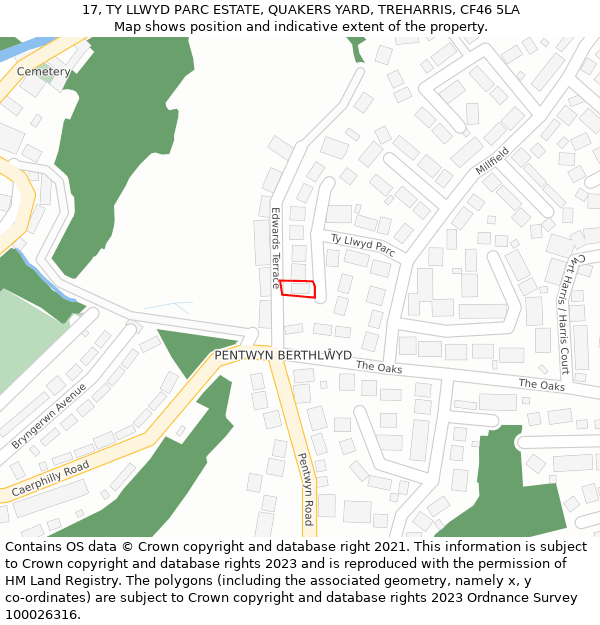 17, TY LLWYD PARC ESTATE, QUAKERS YARD, TREHARRIS, CF46 5LA: Location map and indicative extent of plot