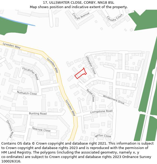 17, ULLSWATER CLOSE, CORBY, NN18 8SL: Location map and indicative extent of plot