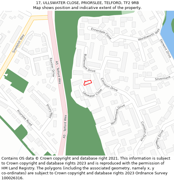 17, ULLSWATER CLOSE, PRIORSLEE, TELFORD, TF2 9RB: Location map and indicative extent of plot