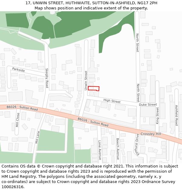 17, UNWIN STREET, HUTHWAITE, SUTTON-IN-ASHFIELD, NG17 2PH: Location map and indicative extent of plot