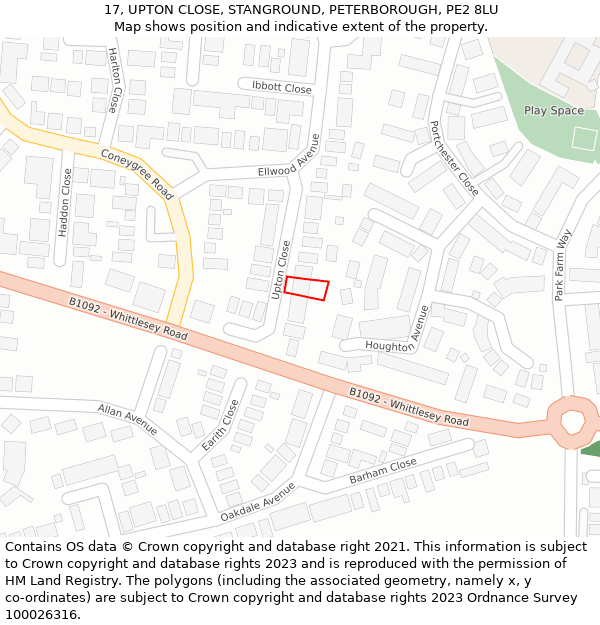 17, UPTON CLOSE, STANGROUND, PETERBOROUGH, PE2 8LU: Location map and indicative extent of plot