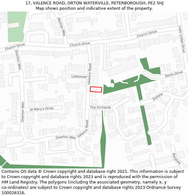 17, VALENCE ROAD, ORTON WATERVILLE, PETERBOROUGH, PE2 5HJ: Location map and indicative extent of plot