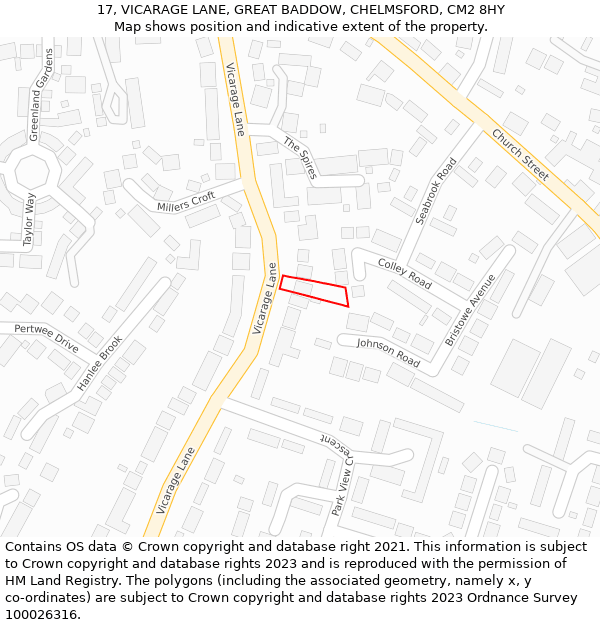 17, VICARAGE LANE, GREAT BADDOW, CHELMSFORD, CM2 8HY: Location map and indicative extent of plot