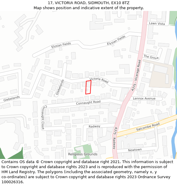 17, VICTORIA ROAD, SIDMOUTH, EX10 8TZ: Location map and indicative extent of plot