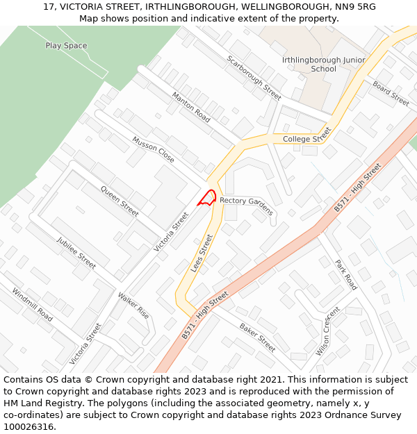 17, VICTORIA STREET, IRTHLINGBOROUGH, WELLINGBOROUGH, NN9 5RG: Location map and indicative extent of plot
