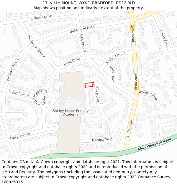 17, VILLA MOUNT, WYKE, BRADFORD, BD12 9LD: Location map and indicative extent of plot