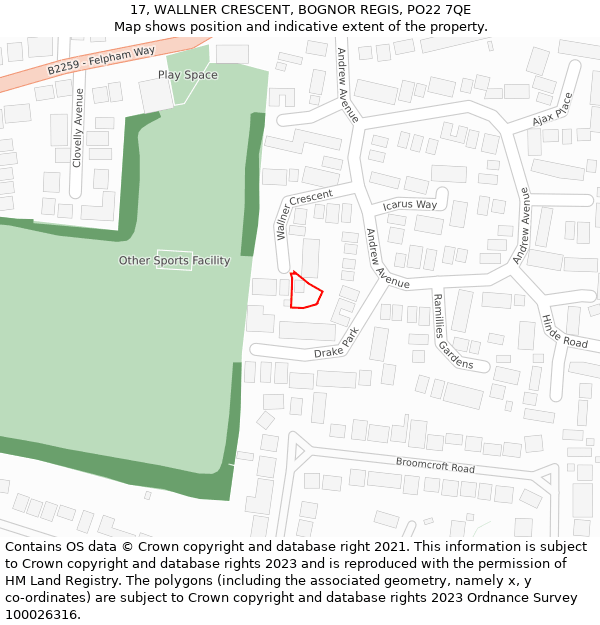 17, WALLNER CRESCENT, BOGNOR REGIS, PO22 7QE: Location map and indicative extent of plot