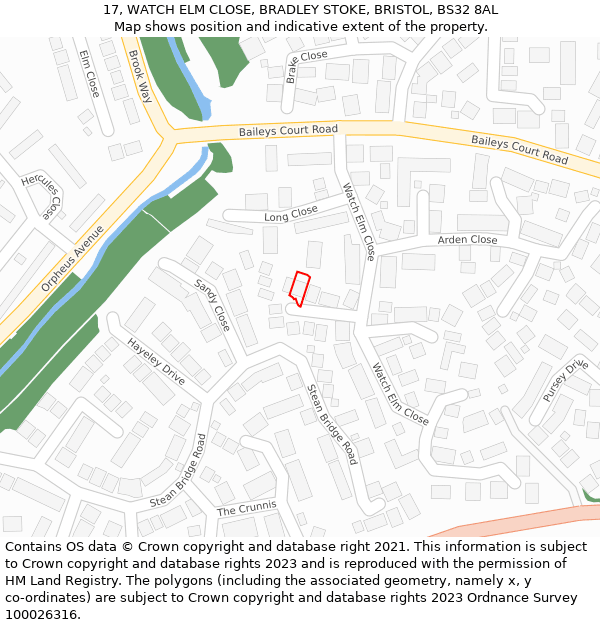 17, WATCH ELM CLOSE, BRADLEY STOKE, BRISTOL, BS32 8AL: Location map and indicative extent of plot