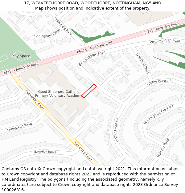 17, WEAVERTHORPE ROAD, WOODTHORPE, NOTTINGHAM, NG5 4ND: Location map and indicative extent of plot