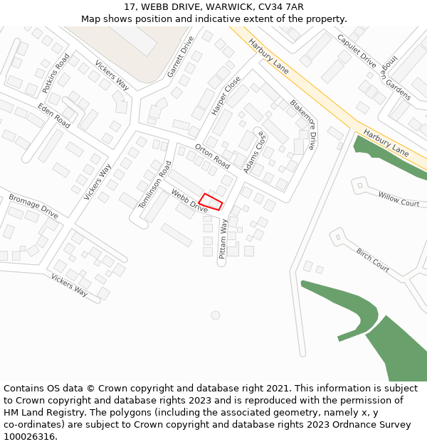 17, WEBB DRIVE, WARWICK, CV34 7AR: Location map and indicative extent of plot