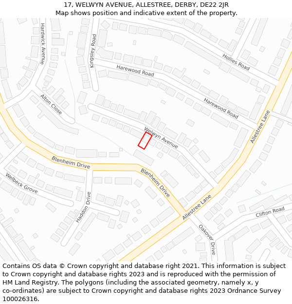 17, WELWYN AVENUE, ALLESTREE, DERBY, DE22 2JR: Location map and indicative extent of plot