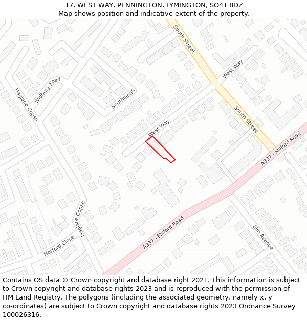 17, WEST WAY, PENNINGTON, LYMINGTON, SO41 8DZ: Location map and indicative extent of plot