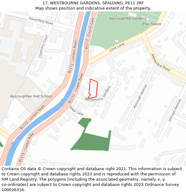 17, WESTBOURNE GARDENS, SPALDING, PE11 2RF: Location map and indicative extent of plot