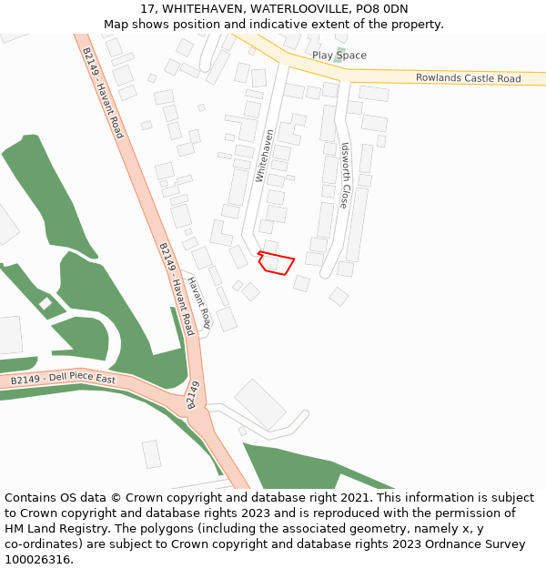17, WHITEHAVEN, WATERLOOVILLE, PO8 0DN: Location map and indicative extent of plot