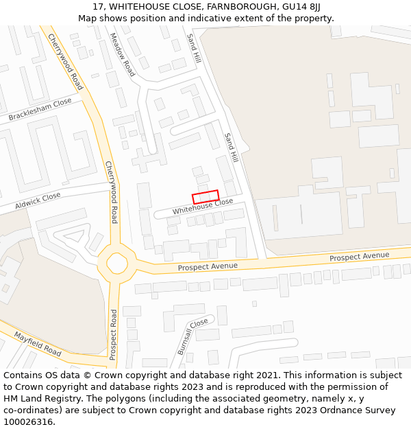 17, WHITEHOUSE CLOSE, FARNBOROUGH, GU14 8JJ: Location map and indicative extent of plot