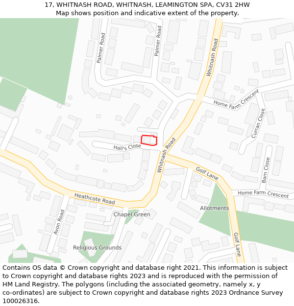 17, WHITNASH ROAD, WHITNASH, LEAMINGTON SPA, CV31 2HW: Location map and indicative extent of plot