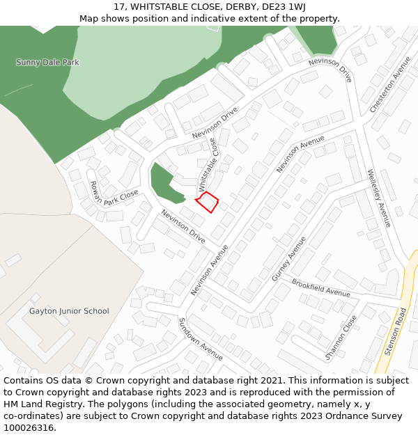 17, WHITSTABLE CLOSE, DERBY, DE23 1WJ: Location map and indicative extent of plot