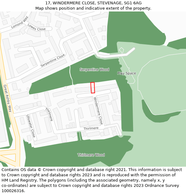 17, WINDERMERE CLOSE, STEVENAGE, SG1 6AG: Location map and indicative extent of plot