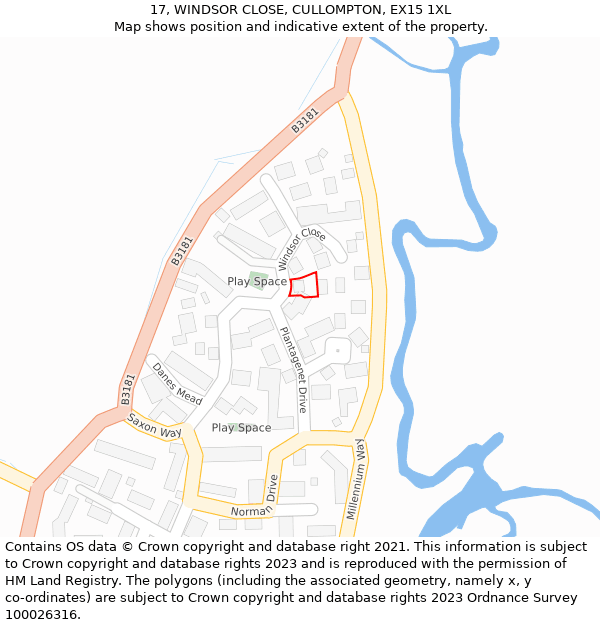 17, WINDSOR CLOSE, CULLOMPTON, EX15 1XL: Location map and indicative extent of plot