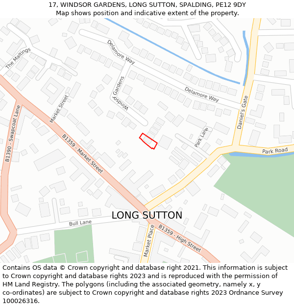 17, WINDSOR GARDENS, LONG SUTTON, SPALDING, PE12 9DY: Location map and indicative extent of plot
