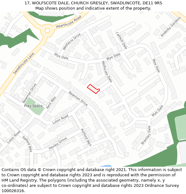 17, WOLFSCOTE DALE, CHURCH GRESLEY, SWADLINCOTE, DE11 9RS: Location map and indicative extent of plot