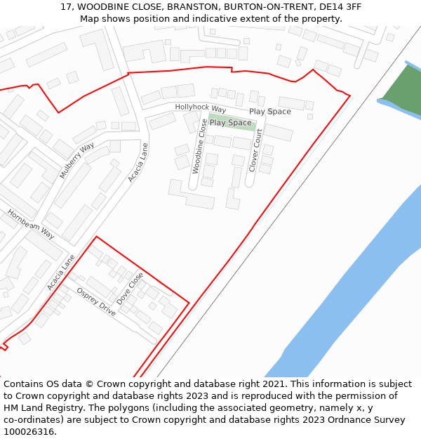 17, WOODBINE CLOSE, BRANSTON, BURTON-ON-TRENT, DE14 3FF: Location map and indicative extent of plot