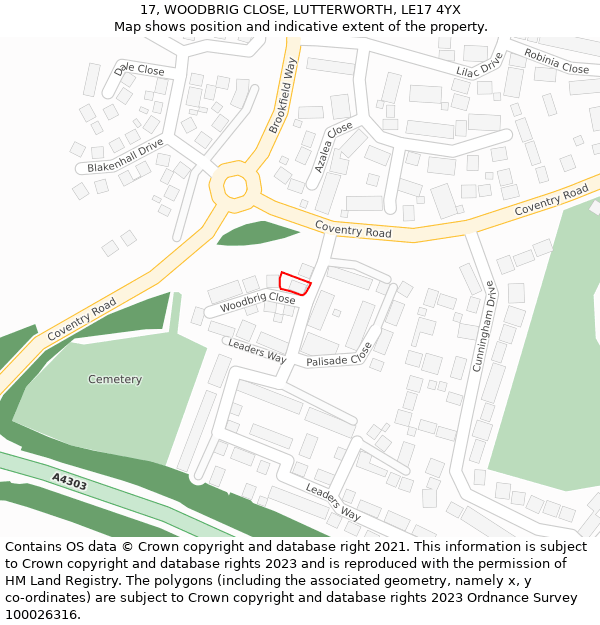 17, WOODBRIG CLOSE, LUTTERWORTH, LE17 4YX: Location map and indicative extent of plot