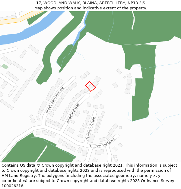 17, WOODLAND WALK, BLAINA, ABERTILLERY, NP13 3JS: Location map and indicative extent of plot
