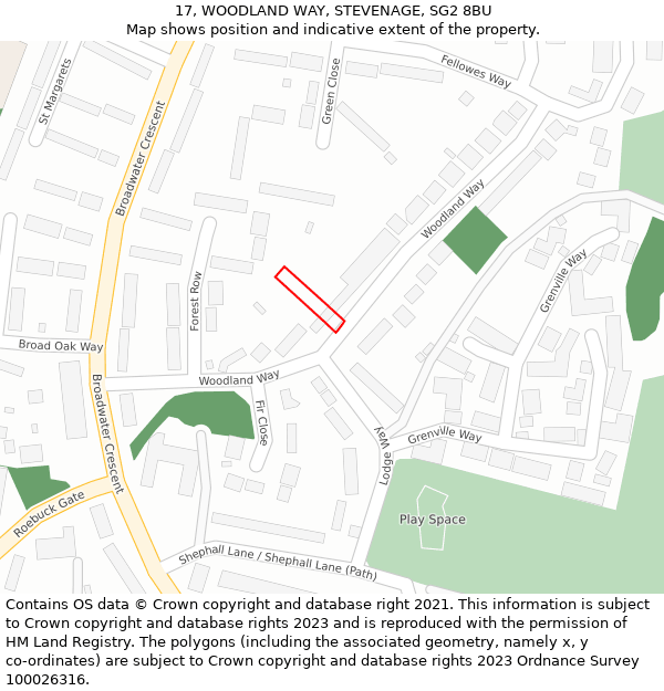 17, WOODLAND WAY, STEVENAGE, SG2 8BU: Location map and indicative extent of plot