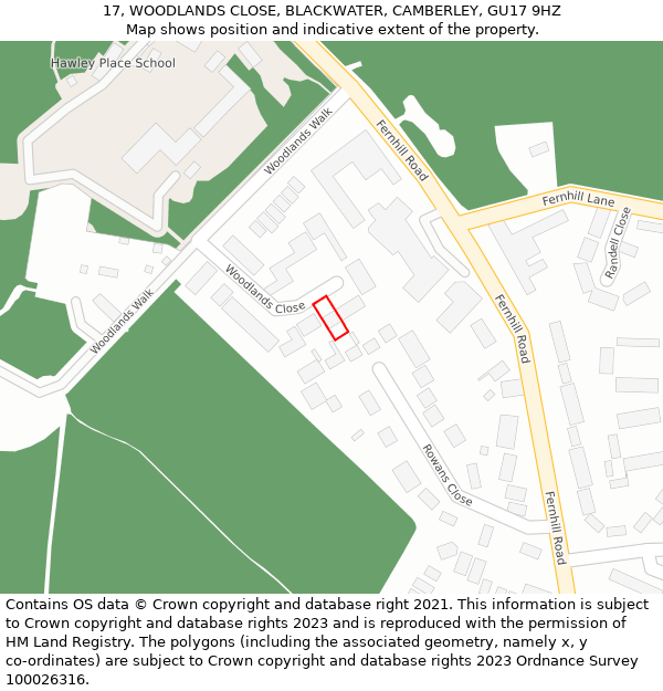 17, WOODLANDS CLOSE, BLACKWATER, CAMBERLEY, GU17 9HZ: Location map and indicative extent of plot