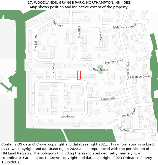 17, WOODLANDS, GRANGE PARK, NORTHAMPTON, NN4 5BZ: Location map and indicative extent of plot