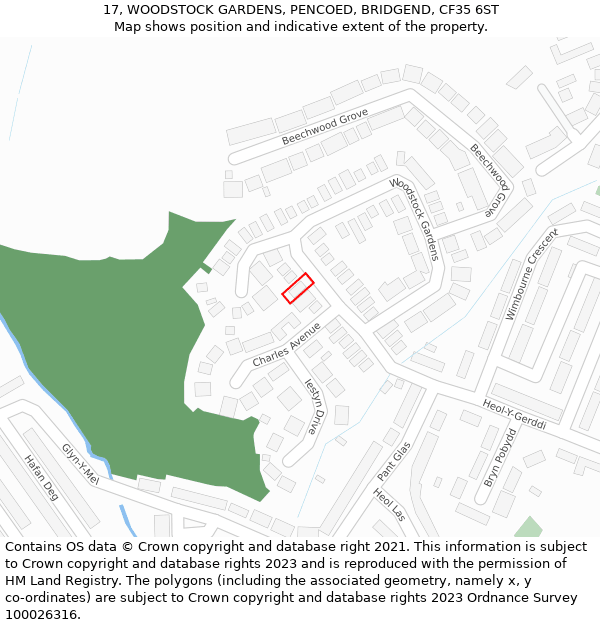 17, WOODSTOCK GARDENS, PENCOED, BRIDGEND, CF35 6ST: Location map and indicative extent of plot